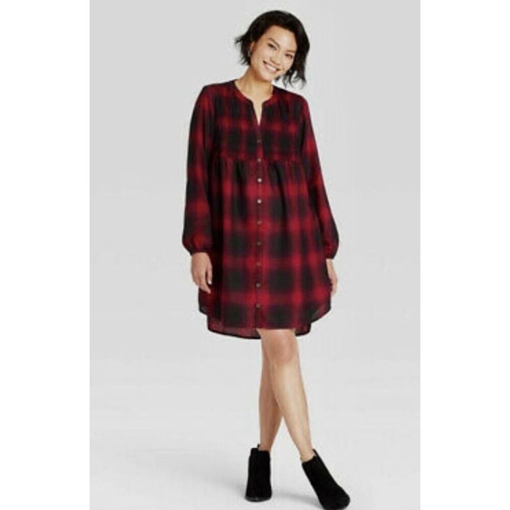 Womens Knox Rose Buffalo Plaid Button Down Long Sleeve Shift Dress - Sz XS